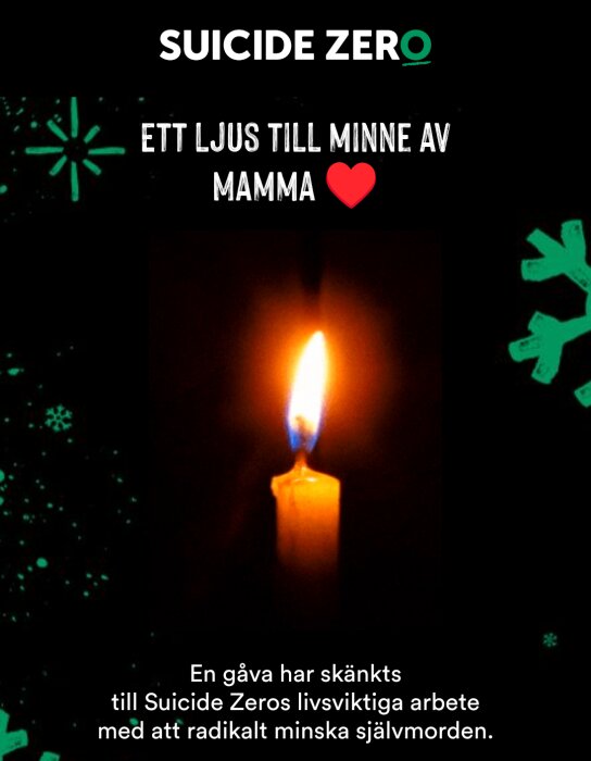 En minnesbild med tänd ljus, hjärta och text dedikerad till föreningen Suicide Zero.