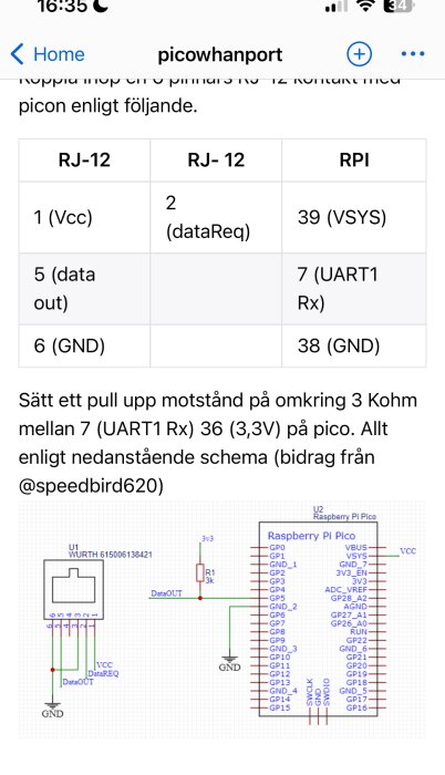 Skärmavbild av elektronikkopplingsschema och tabell, mobilgränssnitt, text på svenska, teknisk instruktion, Raspberry Pi koppling.