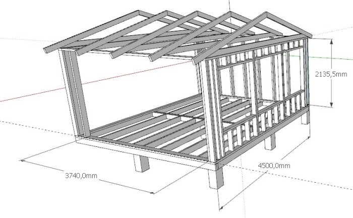 3D-modell av ett timmerstomme, öppen design, måttangivelser, konstruktionsskiss, byggnad eller paviljong.