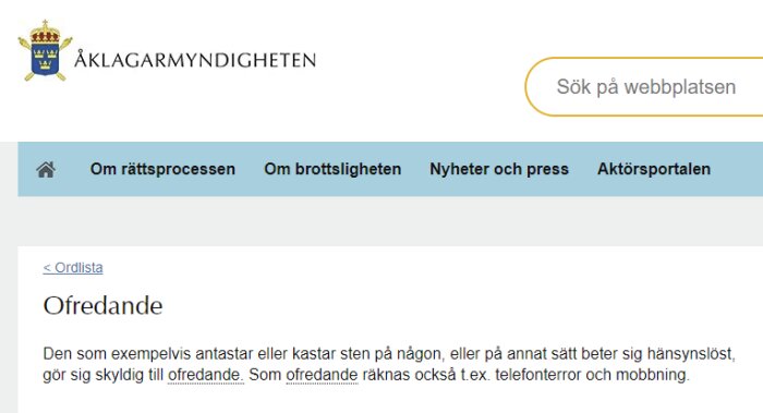 Skärmdump av webbsida från Åklagarmyndigheten i Sverige, förklaring av ordet "Ofredande", navigationsmeny upptill.