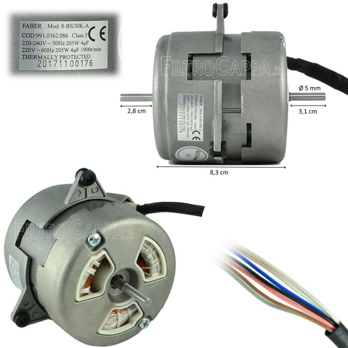 Synkronmotor för köksfläkt, metallhölje, märkdata, dimensioner, kablage syns.