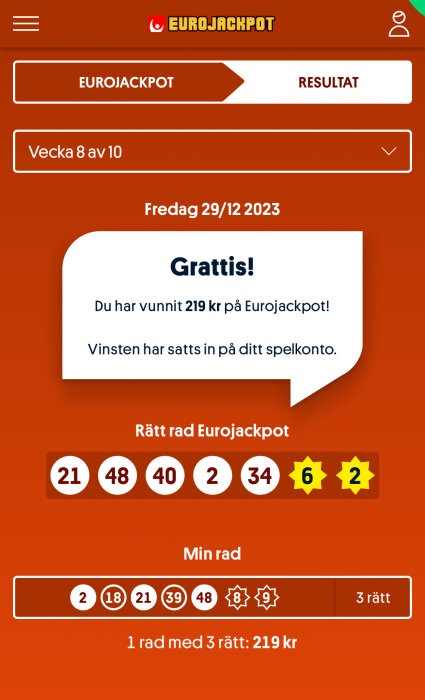 Skärmdump av en Eurojackpot-lott med en vinst på 219 kronor.