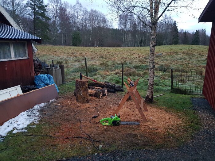 Trädgård med träd, staket, vedkapning, vedstapel, gräs, och lite snö.