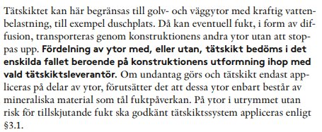 Svensk text om tätskikt och konstruktioner med vattenbelastning. Byggtekniska riktlinjer och anvisningar.