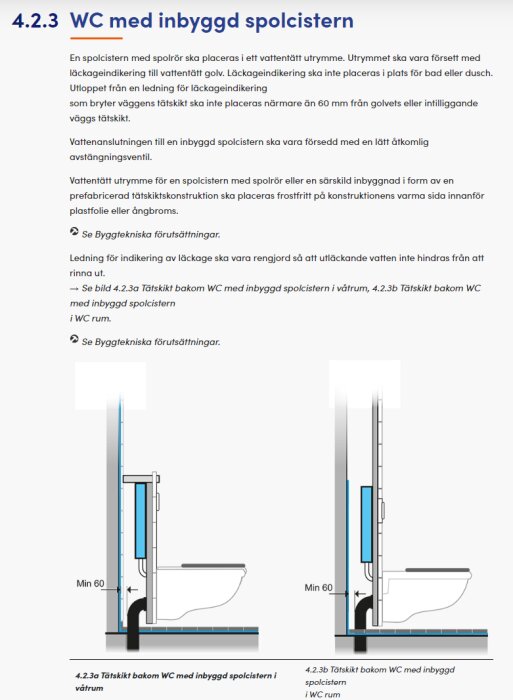 Teknisk illustration av inbyggd spolcistern för WC med läckageskydd och installationsmått.