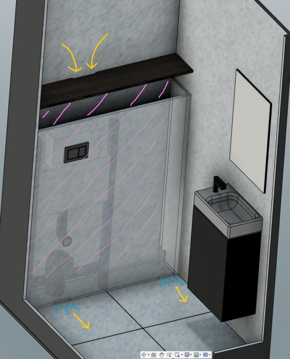 3D-renderad duschillustration som visar vattenflödet och riktning med färgade pilar.