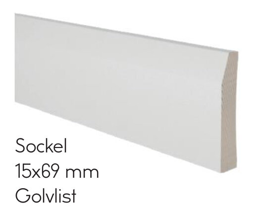 Vit sockellist, golvlist, dimensionerat 15x69 mm.