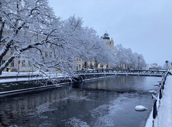 Vinterlandskap med snötäckta träd, flod, bro och byggnader i skymning.