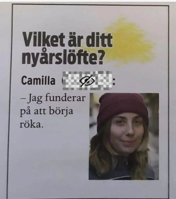 Artikel med foto och citat, tjej funderar på att börja röka som nyårslöfte. Humor eller ironi möjligt.