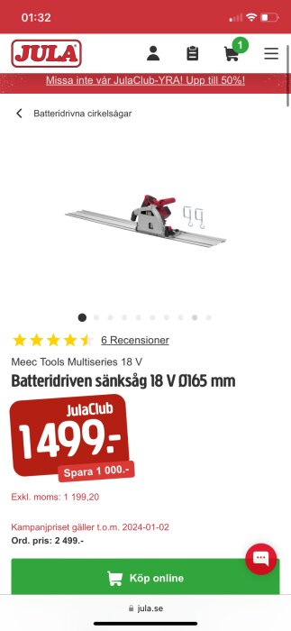 Webbsida med erbjudande på batteridriven cirkelsåg för 1499 kr, med kundrecensioner, hos Jula.