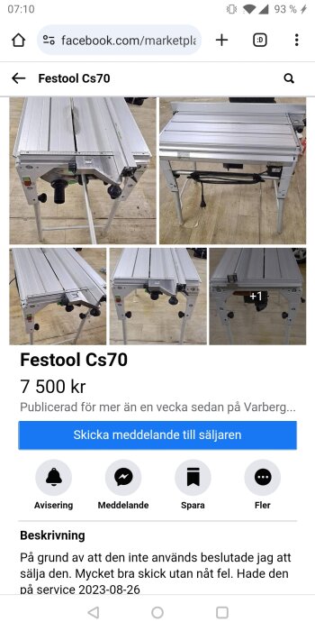 Annonsskärmdump med Festool CS70 kap-/gersåg, i bra skick, till salu för 7500 kronor.
