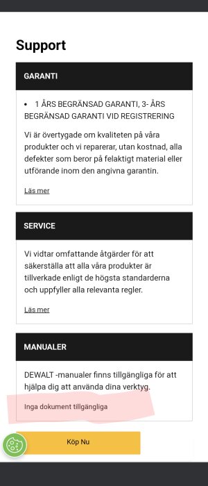 Svensk text om supportalternativ som garanti, service, och manualer för verktyg, med en "Köp Nu" knapp.