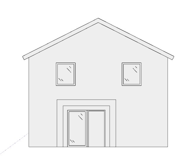 Enkel ritning av ett hus med symmetrisk fasad, två fönster och en dörr.