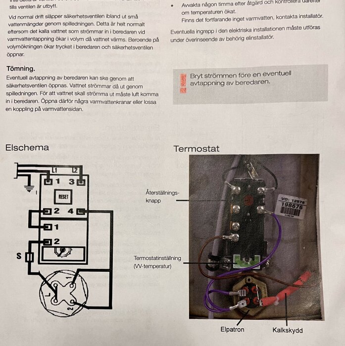 Elektriskt schema, termostat, instruktioner för vattenberedare, säkerhetsinformation.