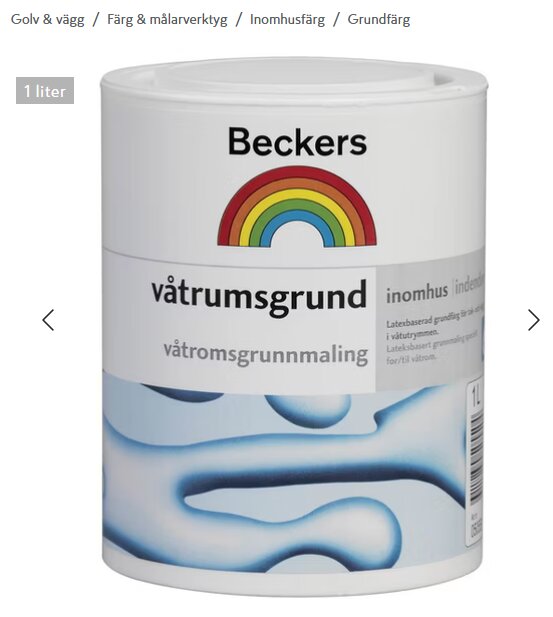 En litersburk med Beckers våtrumsgrund, grundfärg för inomhusbruk i våtutrymmen, med regnbåge på etiketten.