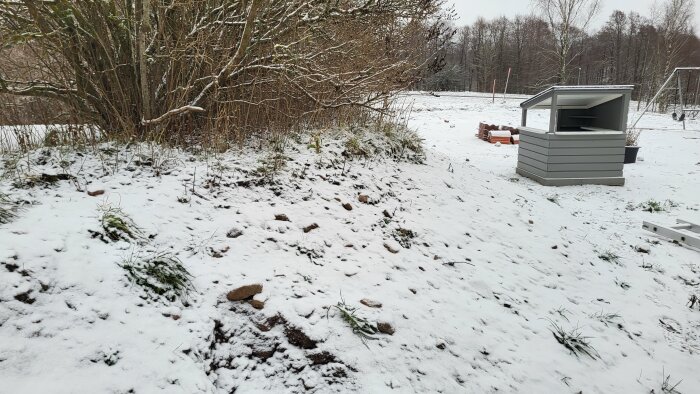 Trädgård täckt med lite snö, kala buskar, trädkojja, gryningsljus, vinterkänsla, avslappnad atmosfär.