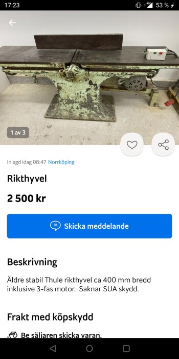 Äldre Thule rikthyvel till salu, ca 400mm, 3-fas motor, saknar SUA skydd, pris 2500 kr, Norrköping.