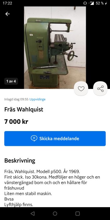 En grön fräsmaskin, Wahlquist p500, från 1969 säljes med tillbehör och lyfthjälp.