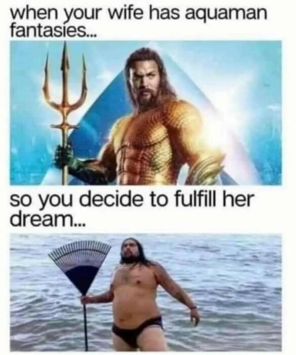 Meme: fantasy vs. reality; Aquaman jämförelse; humoristiskt; mannen imiterar superhjälte med kvast.