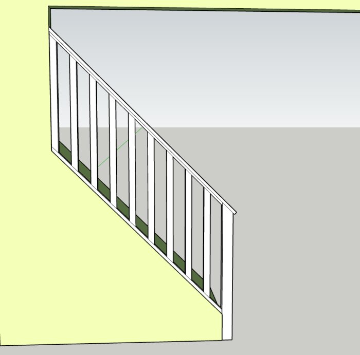 Digital illustration, stair railings, geometrical shapes, simplistic, perspective view, two-tone wall, grey floor.