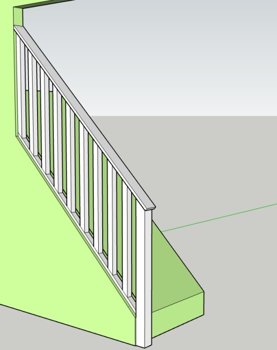 Digital illustration av en enkel trappa med räcke, gröna steg och vita balustrader, mot en grå bakgrund.