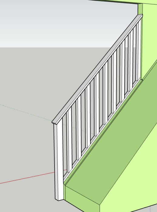 En digital modell av en trappa med räcke, minimalistisk stil, enkla färger, arkitektoniskskiss.