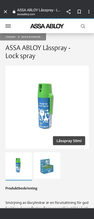 ASSA ABLOY låsspray för smörjning av låscylindrar presenteras på en webbplats.