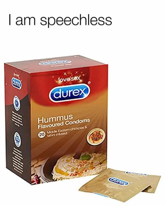 En låda med kondomer som marknadsförs ha hummus-smak, med texten "I am speechless" överst.