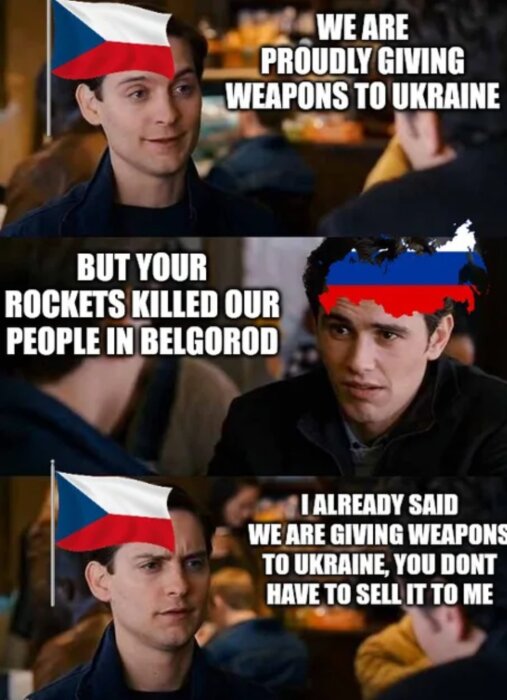 Meme med flaggor, två personer diskuterar vapenleveranser till Ukraina, nämner Belgorod med en missförstånds-vändning.