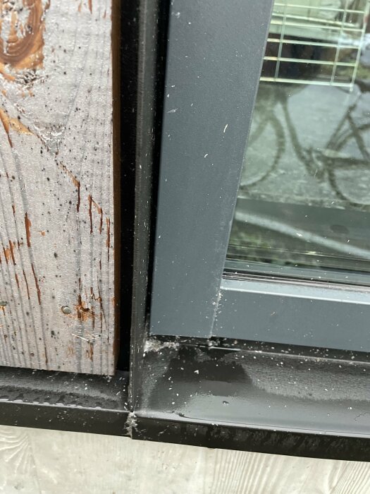 En närbild på ett fönsterhörn med spindelnät och smuts mot en trähund på utsidan.