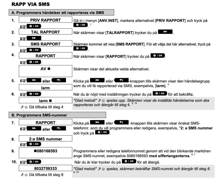 Instruktioner för programmering av händelserapportering via SMS på en säkerhetsanordning eller larmpanel.