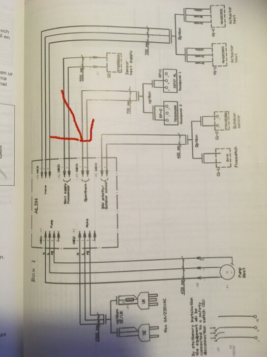 Elektriskt schema med ritade komponenter och anslutningar, markerat med röd krita.