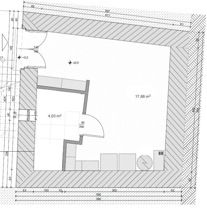 Arkitektritning av ett rum, med måttangivelser och markeringar, möbleringsskiss, 17.88 kvadratmeter yta.