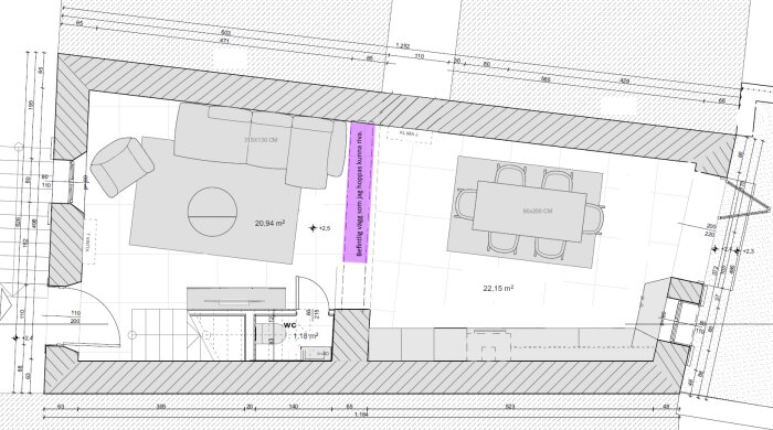 Arkitektonisk planritning, möblerad, skalenlig, dimensioner, rumslayout, tekniska specifikationer, interiör design, uppifrån-vy.