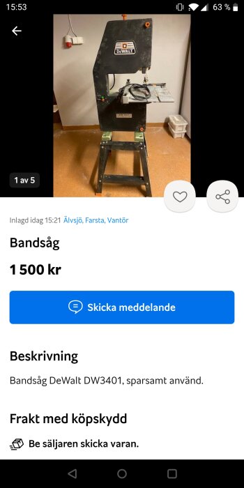 Bandsåg DeWalt DW3401 till salu, sparsamt använd, 1500 kronor, möjlighet till frakt med köpskydd.