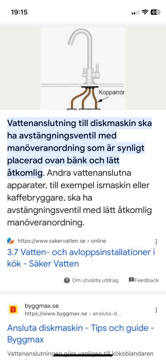 Diagram över vattenanslutning, avstängningsventil och kopparrör under kökskran, informationsartikel med webblänkar.