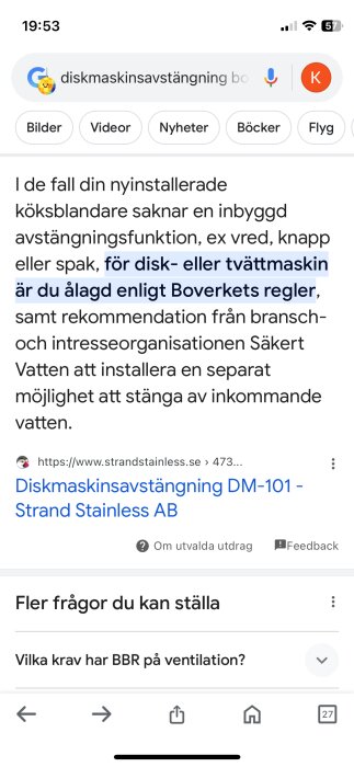 Skärmdump av en Google-sökning om diskmaskinsavstängning med svensk text och regleringsinformation.