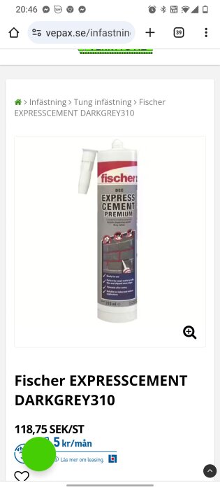 En produktbild på Fischer Express Cement Premium i en webbutik. Prissatt till 118,75 SEK per styck.