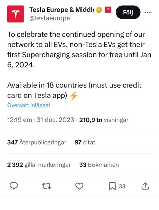 Skärmdump av Tesla Europe Twitter-inlägg om gratis laddning för icke-Tesla EVs, tillgängligt i 18 länder.