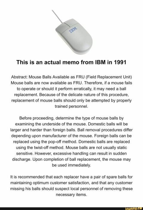 Dator mus ovanpå en IBM-memo från 1991 om utbyte av muskulor som reservdelar.