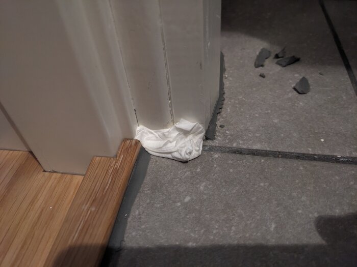 Vit näsduk klämd under dörr, trasigt föremål på grått golv nära trälist och vägghörn.