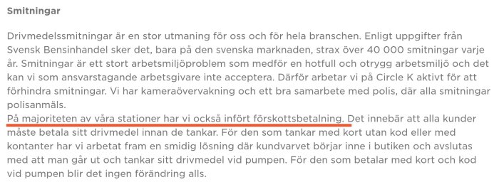 Text om drivmedelssmitningar, arbetsmiljöproblem, kameraövervakning, polissamarbete, förskottsbetalning på bensinstationer.