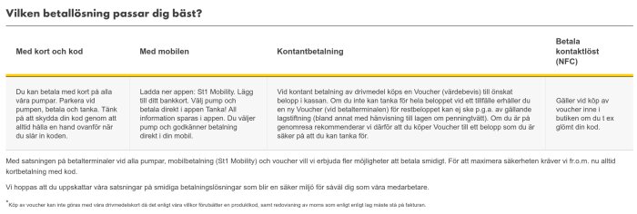 Svensk text som jämför betallösningar: kort och kod, mobil, kontantbetalning, kontaktlös (NFC) vid pumpstation.