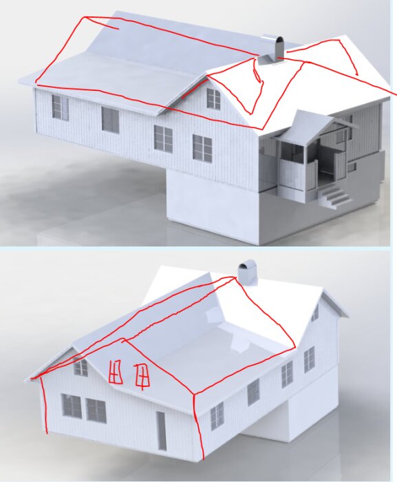 3D-modell av ett hus med markerade linjer som visar takstruktur och form.