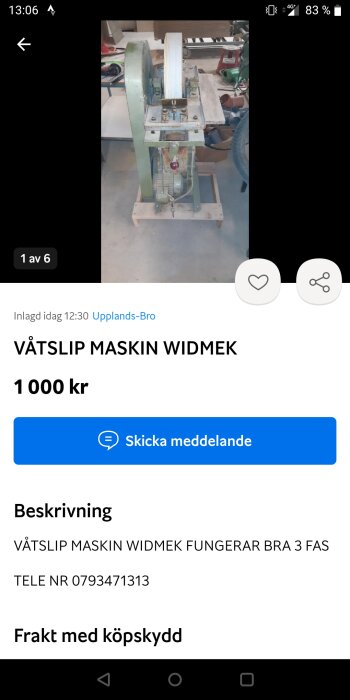 Verktygsmaskin, troligtvis en våtslip, grönt och vitt, till salu online, verkstadsmiljö, pris och beskrivning synliga.