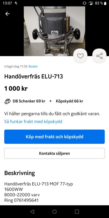 Skärmbild från en annons, handöverfräs, ELU-713, till salu för 1000 kr, fraktkostnad, köpskyddsinformation.