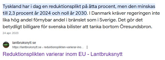 Artikelsnutt om EU:s varierande reduktionsplikt för förnybara bränslen och dess påverkan på svenska bilister.