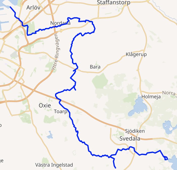 Kartutsnitt som visar en blå linje med omgivande orter som Arlöv, Staffanstorp och Oxie.