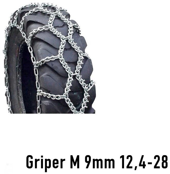 Däck med snökedjor, text "Griper M 9mm 12,4-28", vit bakgrund.