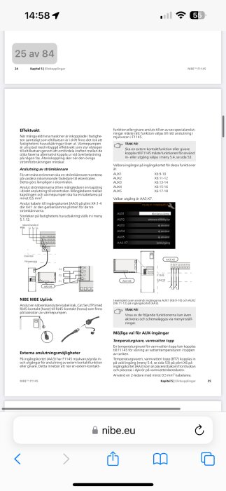 Tekniskt dokument om anslutningar för NIBE värmepump; schema, tabeller, och installationsanvisningar.